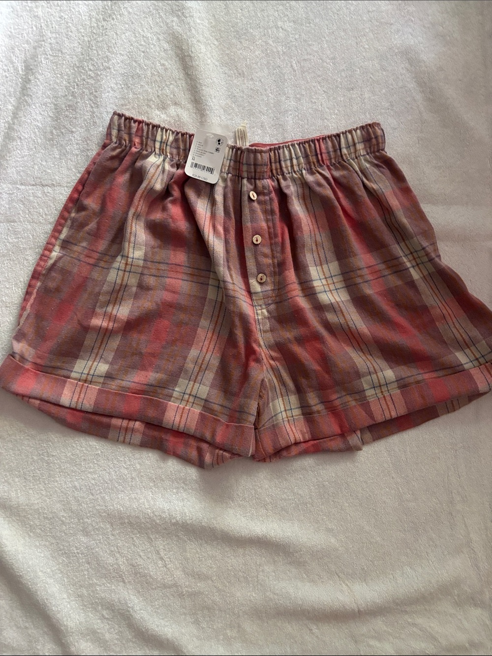 Free People Plaid Button-Front Lounge Shorts in Coral and Cream